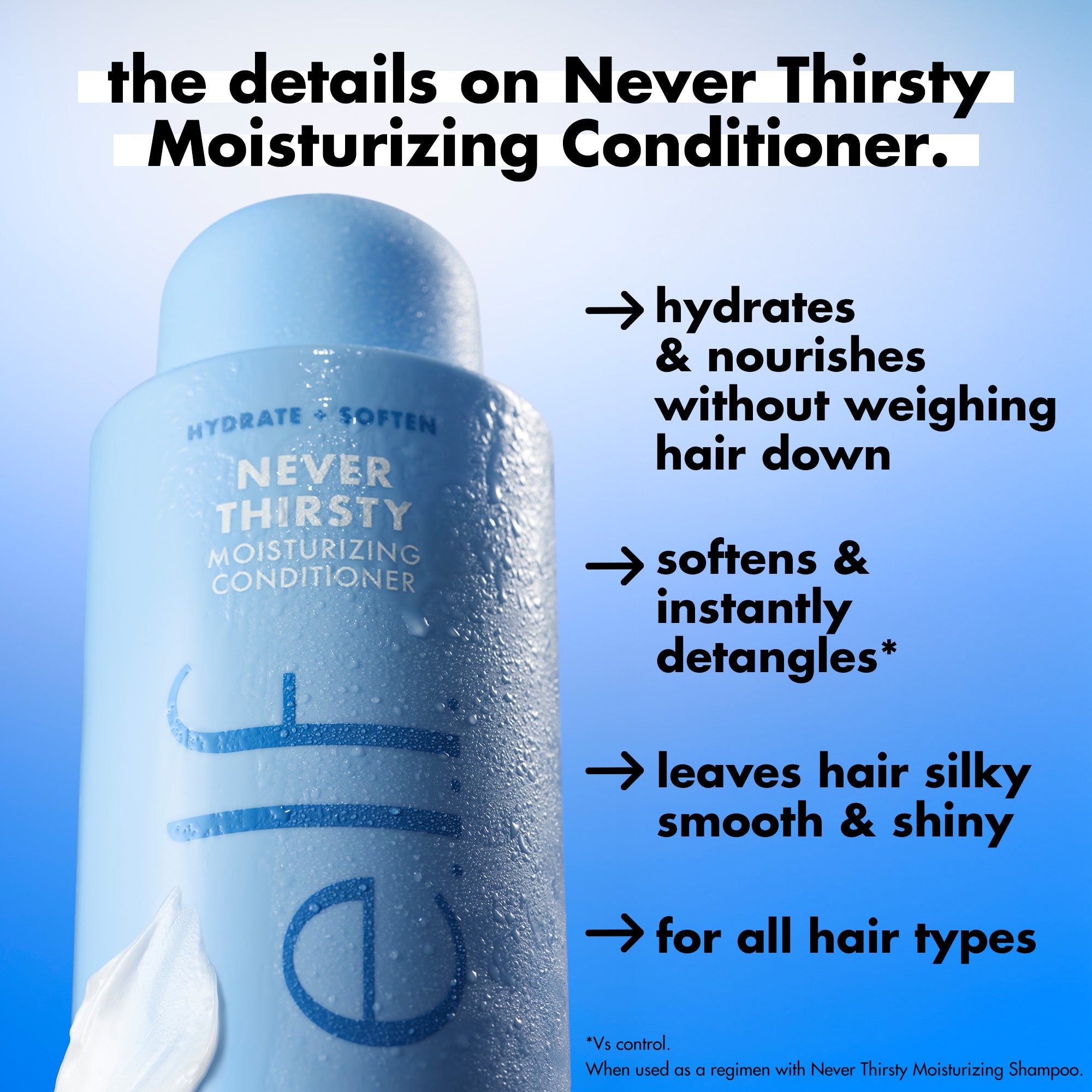 The features of e.l.f. Never Thirsty Moisturizing Conditioner that softens and instantly detangles, leaving hair silky and smooth